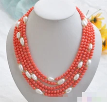 3082 5row natural cordón de color rosa coral COLLAR de perlas barroco blanco