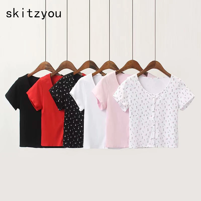 

skitzyou Women Basic Slim White T Shirt Short Sleeve O Neck Button Red Black Short Crop Tops Cotton High Street Wear Cropped Tee