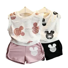 Г., комплекты летней стильной одежды для девочек Футболка с принтом Минни и Микки Маус+ шорты, комплект детской одежды из 2 предметов футболка с короткими рукавами для детей от 3 до 7 лет