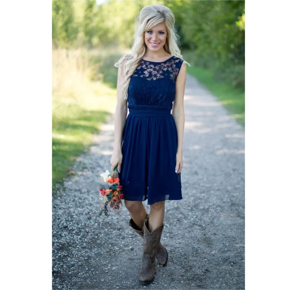 Western Country Bridesmaid Dresses Wedding Navy Blue Lace Chiffon