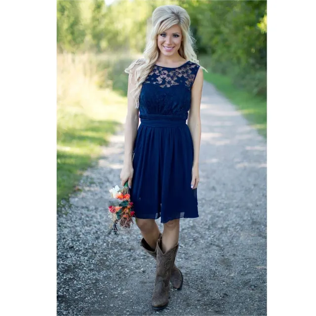 Western Country Wedding Navy Blue Lace Top Chiffon Short A Line Western Country Wedding Navy Blue Lace Top Chiffon Short A Line Bridesmaid Dress Party Dresses Vestido