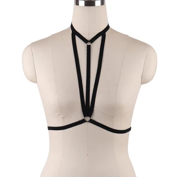 

Gothic Strappy Harness Lingerie Women Fetish Wear Bondage Harness Bra Elastic Black Body Harness Belt Gothic Crop Top Bodysuit