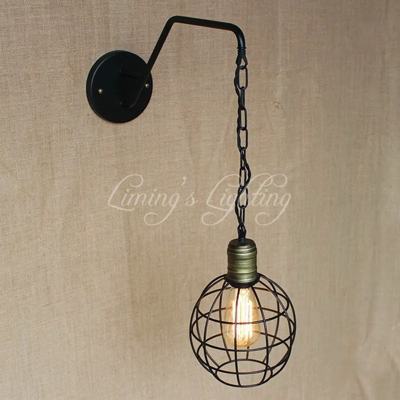 Modern Iron Chain Design Antique Retro Bird Cage Metal Ball Wall Lamps With Long For Workroom Bedside Bedroom Lights|ball wall lamp|designer lampwall