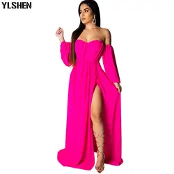 2019 Для женщин пикантные летние платье шифоновый с открытми плечами Slash шеи с длинным рукавом высокого боковыми с разрезом длина до пола