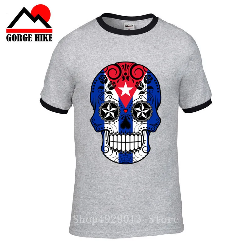 Cheapest Fashion Cuban Flag Sugar Skull with Roses Men T Shirts Short sleeve men Vintage Printed Casual Funny Tees Tops | Мужская одежда