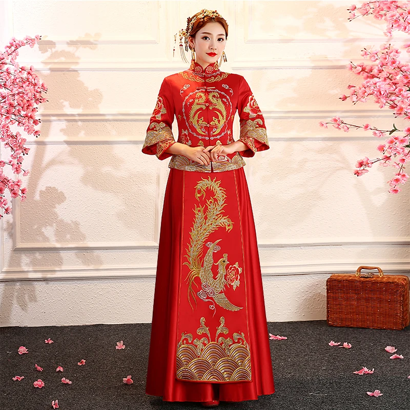 Красная невеста cheongsam Винтаж китайский стиль свадебное вечернее платье одежда с вышивкой Феникс Qipao костюм Vestidos Размеры S-XXL