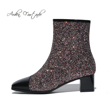 

Arden Furtado spring autumn winter fashion zipper ankle boots shoes sequined cloth silver square heels boots new