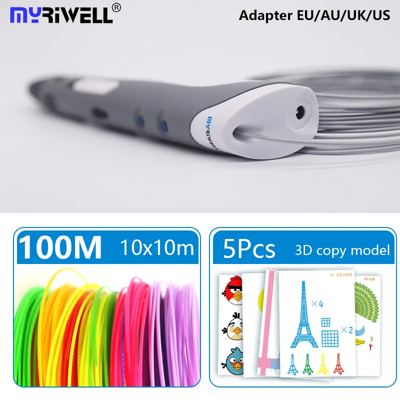 Myriwell 3d Ручка 3d Ручка для печати rp-100a ручка для рисования с 20 цветными ABS нитями 3 D ручка Бесплатный узор и подставка для ручки Быстрая - Цвет: gray  pen 100m