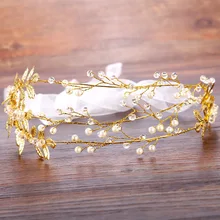 Baroque Golden Leaf Pearl Flowers Tiara Bridal Fashion Women Headband White Lace Hair Jewelry Gift Wedding Dress Accessories