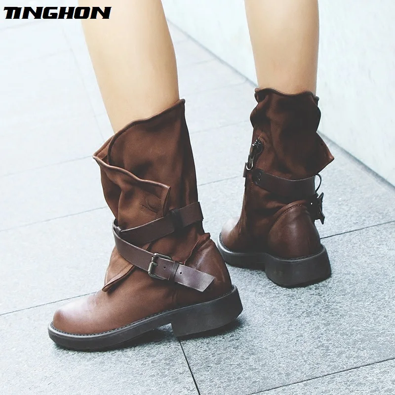 

TINGHON Autumn Winter Women Ankle Boots High Heels Lace Up Leather Double Buckle Platform Short Boot