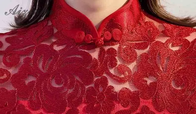 Красный кружево Длинные Cheongsam современный Chinoise Платья для вечеринок Qi Pao для женщин Китайский вечернее платье Мода Тонкий Qipao Женская Роба в