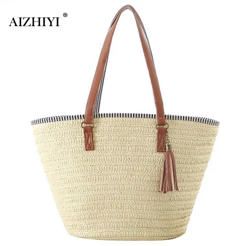 Women Simple Straw Handbag Shoulder Bag Tassels Tote Summer Beach Zipper Shopping Crossbody Fashion Travel Messenger 3 Style huismerk kopen in de aanbieding