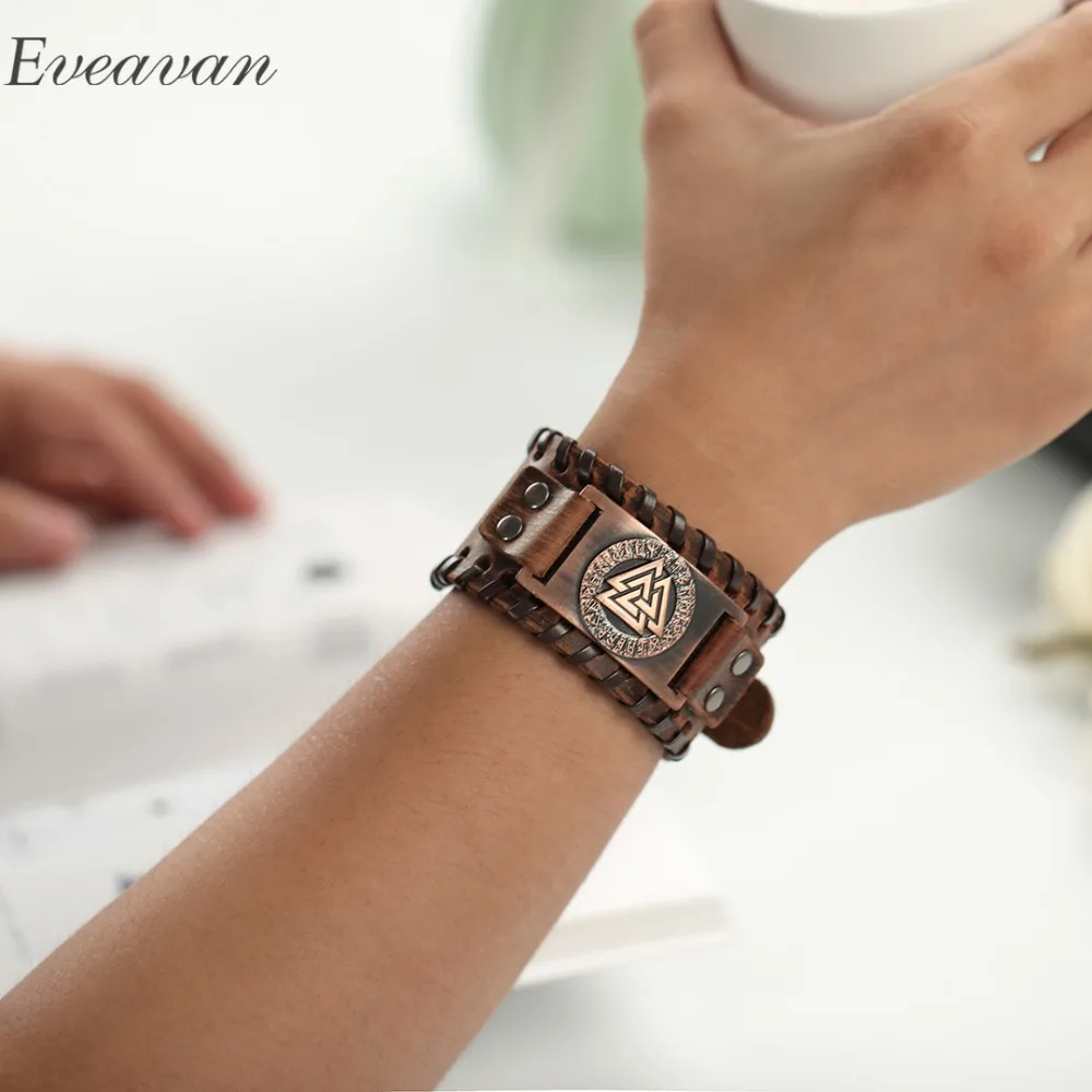 

EUEAVAN 5pcs Slavic Jewelry 24 Runes Charm Bracelet Metal Valknut Symbol Amulet Punk Jewelry Men's Leather Bangles