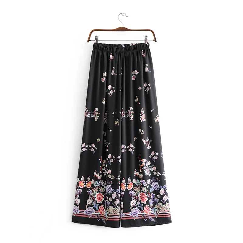 

2019 Fashion Floral Print High Waist Black Wide Leg pants Summer Casual Elastic Waist Women Long Pants Female trousers#C617