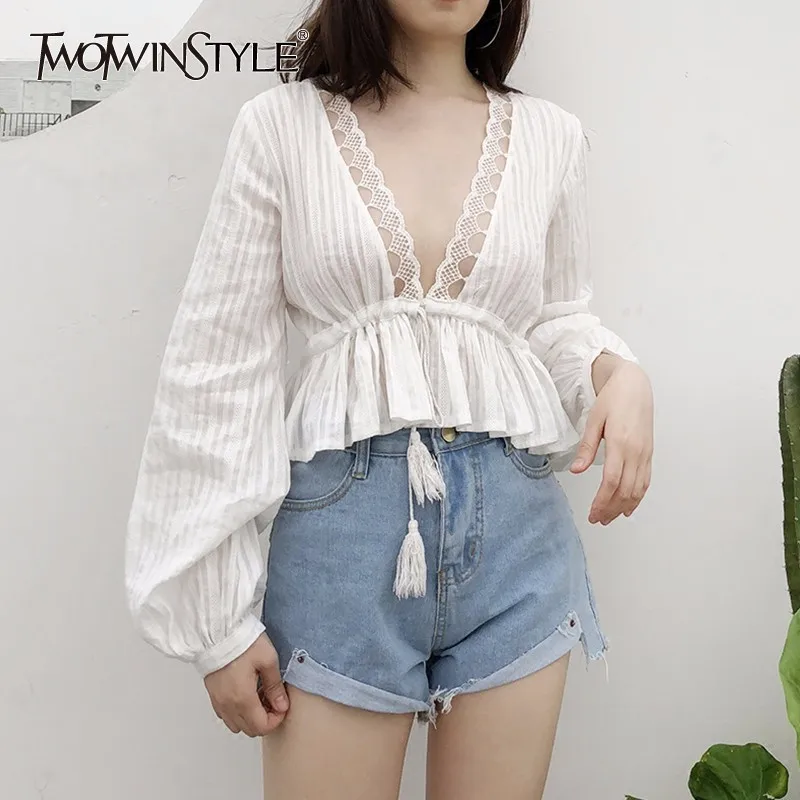 

TWOTWINSTYLE Deep V Neck Shirt Female Hollow Out Lantern Sleeve Lace Up Tunic High Waist Blouse Tops Summer Fashion Vintage Tops