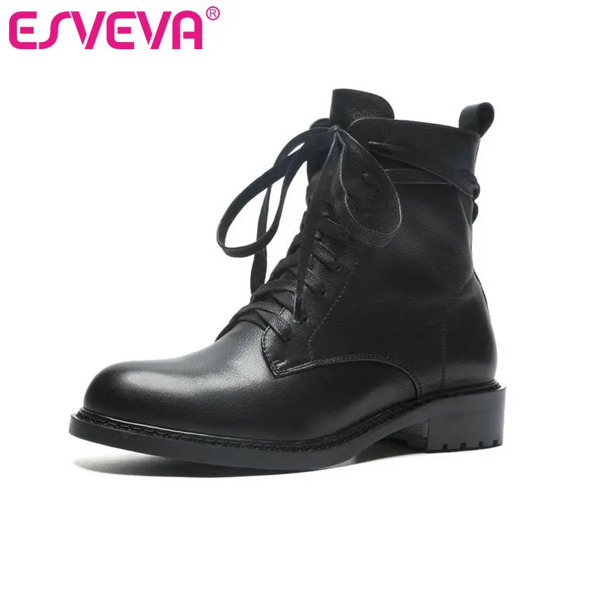 

ESVEVA 2020 Women Boots Leather+PU Autumn Shoes Ankle Boots Round Toe Square Med Heels Elegant Black Woman Shoes Size 34-39