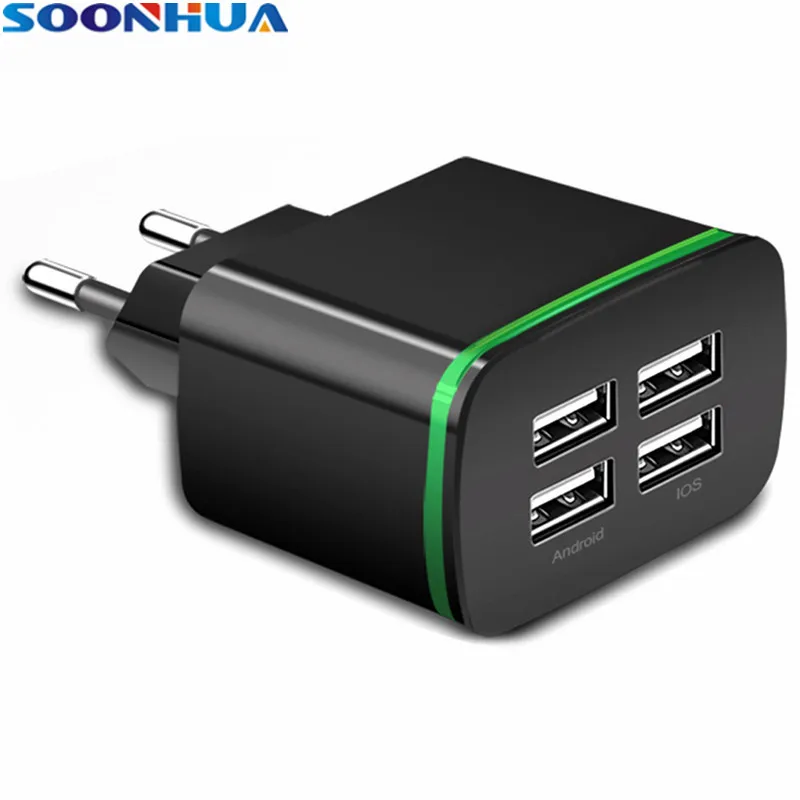 

SOONHUA 4.0A 4 Ports USB Black White Wall Universal Charger LED Light Charging Adapter With EU Plug For Phone Digital Devices