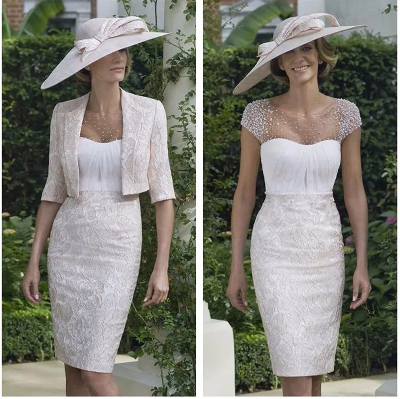 

elegant pant suits Beading Wedding Mother Formal Dress Knee Length Vintage Short Lace Mother Of The Bride Dresses With Jacket