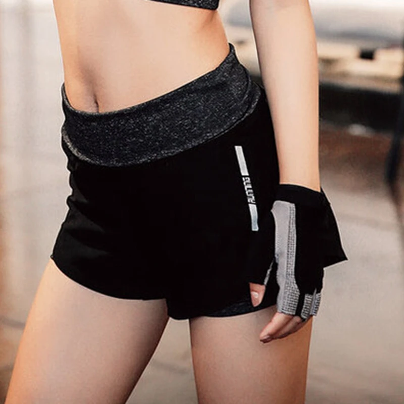 Женские шорты с высокой талией для фитнеса и йоги, поддельные шорты из двух предметов для занятий спортом и бега, тонкие спортивные шорты