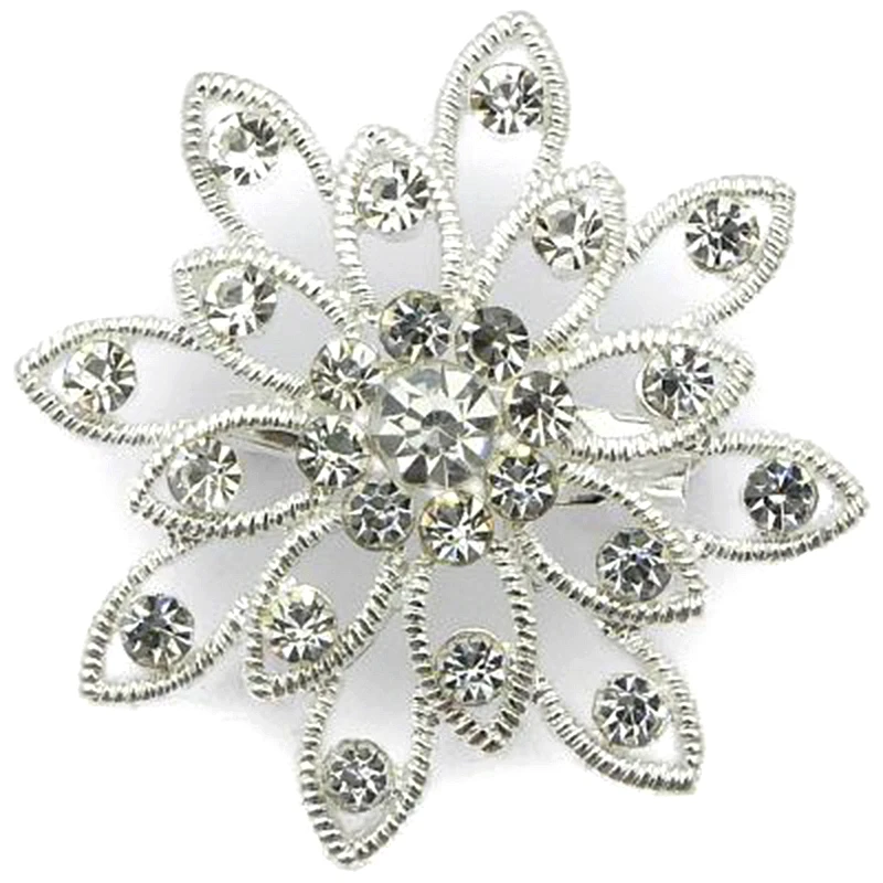 1.5" Diamante Flower Brooch Pins with Clear Rhinestones Sparkly Silver