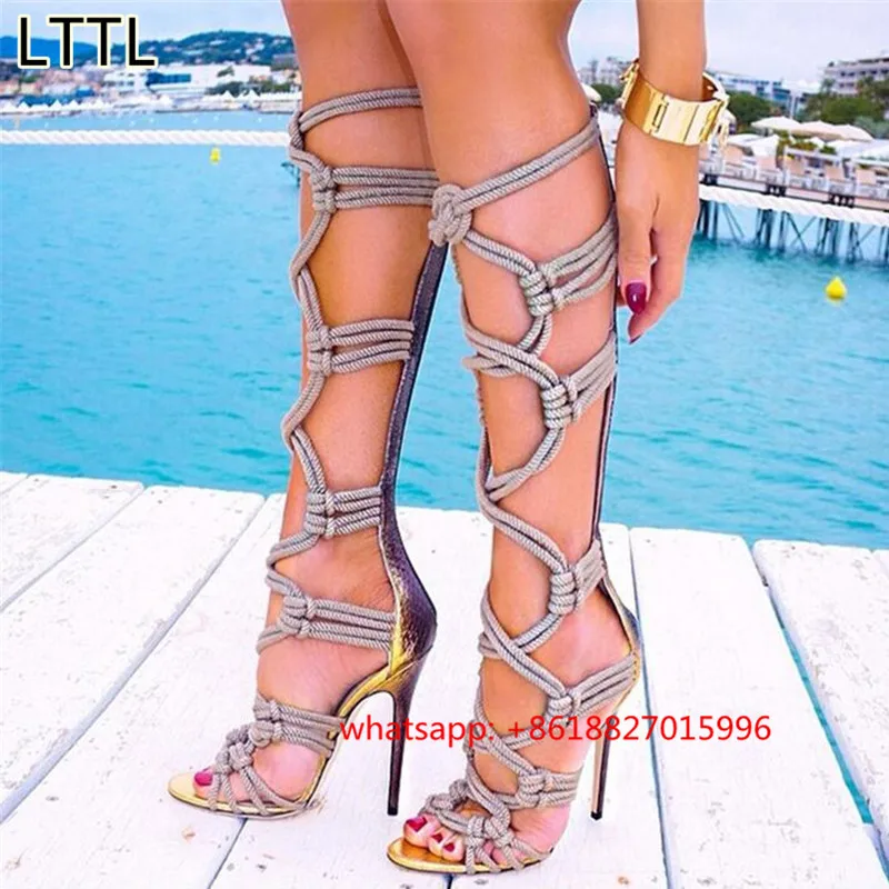 2017 Keane Braided Rope Sandals High Heels Cage Knee High Gladiator