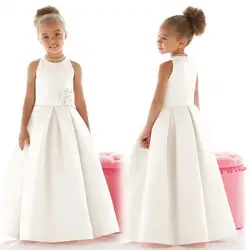Атласная Первое Причастие Платья 2016 A-Line Детские Платья Белый Рукавов Длиной До Пола длина pageant платья для маленьких девочек