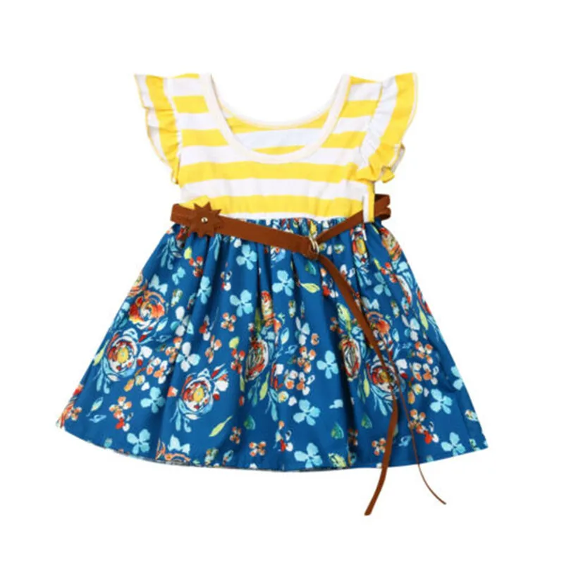 

Kids Baby Girl Summer Sundress Lovely Striped Floral Patchwork Dress Fly Sleeve Flowers A-Line Dress with Belt Girl Clothes 2-7Y