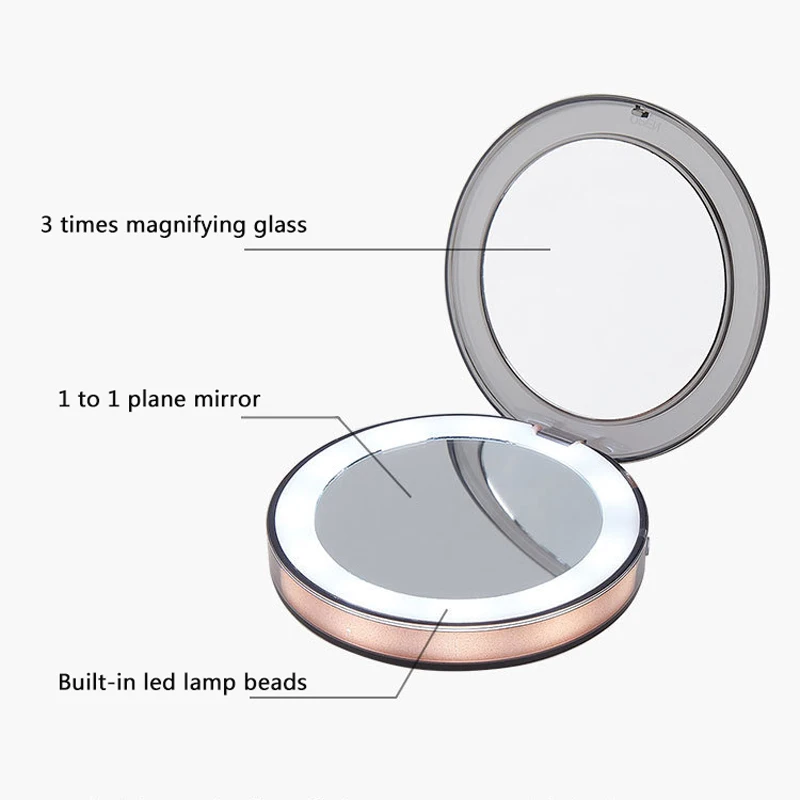 Makeup Mirror With LED Light Adjustable 3X Magnifying Glass Hand Held Fold Touchable Screen Mirror Light Make Up Tool Portable
