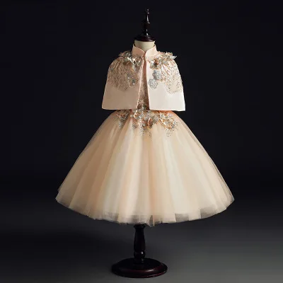 

Gold Lace Girl Dresses for First Communion Beads Appliques Tulle Ball Gown Cloak Girls Pageant Flower Girl Dress for Weddings
