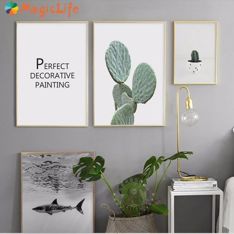 

Shark Cactus Minimalist Wall Art Canvas Painting Abstract Nordic Poster Wall Pictures For Living Room Home Decor No Frame