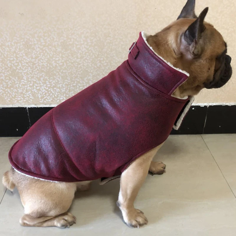 Зимняя одежда из искусственной кожи с французским бульдогом; теплая куртка для собак среднего размера; Легкая Одежда для маленьких собак; жилет для собак; Размеры S-XXL
