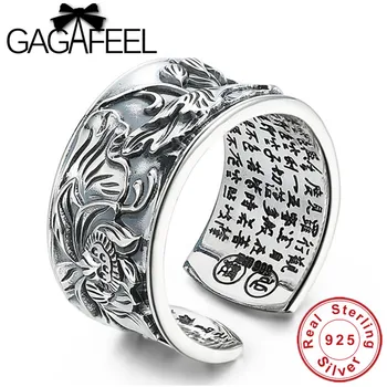 

GAGAFEEL 990 Pure Silver Buddhistic Sutra Lotu Flower Open Rings for Women Men Lover High Quality Thai Silver Jewelry Charm Gift