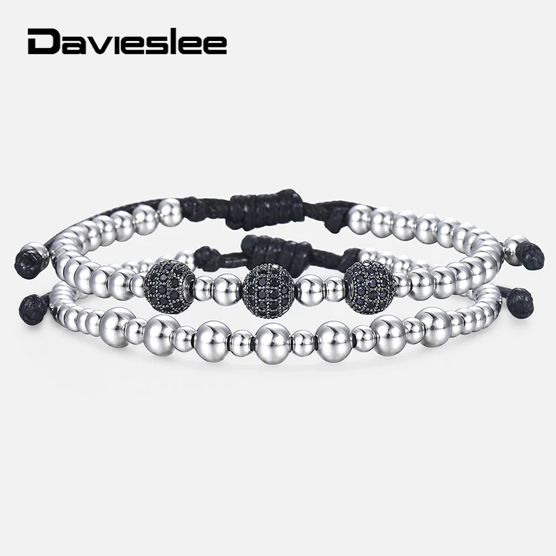 

Beaded Bracelets for Men Stainless Steel Beads Black CZ Silver Double Chain Mens Bracelet Jewelry Adjustable Length LDB175