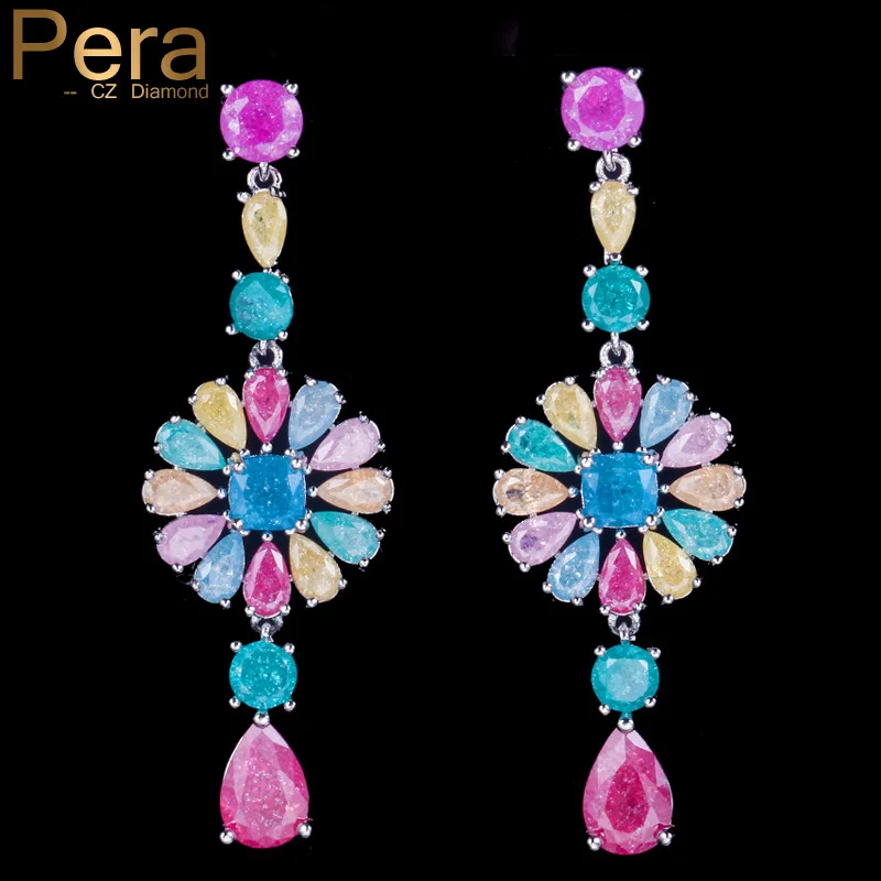 

Pera Unique Style Sterling Silver Big Multicolor CZ Crystal Stone Long Hanging Dangle Party Earrings For Ladies Wife Gift E357