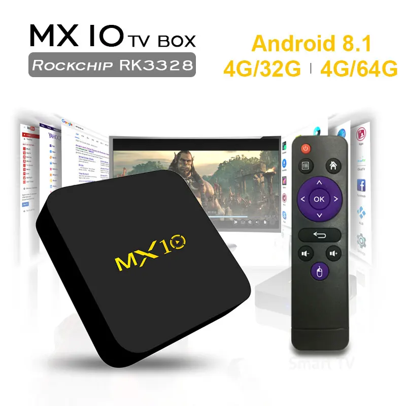 Beste MX10 TV BOX android 8.1 RK3328 Quad Core tv box 4 gb ram 32 gb rom 64g 2.4 ghz set Top BOX Smart t box Media Player