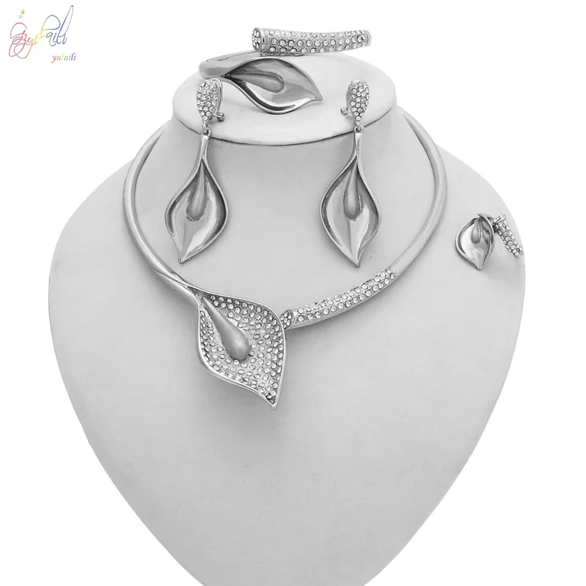 Yulaili Роскошный Кристалл кубический камень Серебряный дизайн мода в форме листа ожерелье кулон серьги кольцо браслет женские ювелирные наборы - Окраска металла: Silver