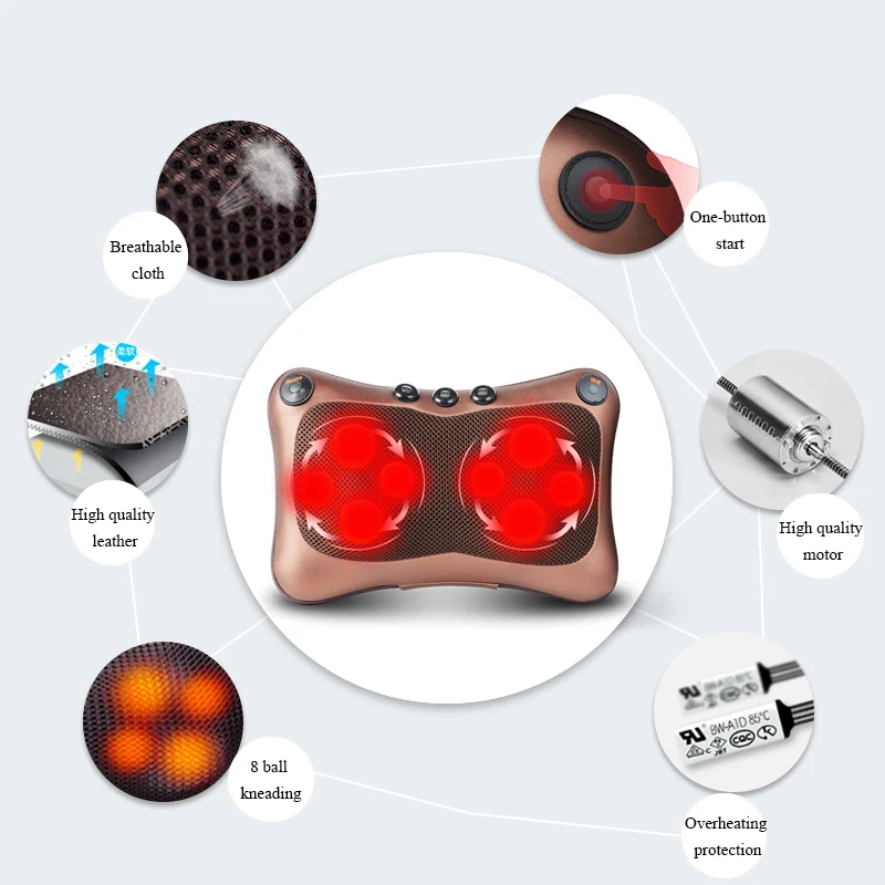 Neck Massager Car Home Cervical Shiatsu Massage Neck Back Waist Body Electric Multifunctional Massage Pillow Cushion
