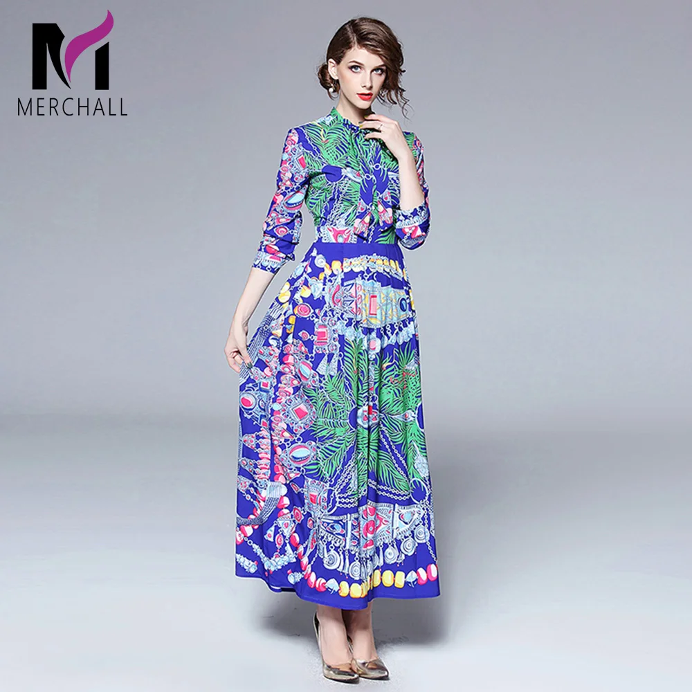 

Merchall Fashion Designer Runway Dress Spring Women Long Sleeve Bow collar Vintage Floral Print Casual Holiday Blue Maxi Dress