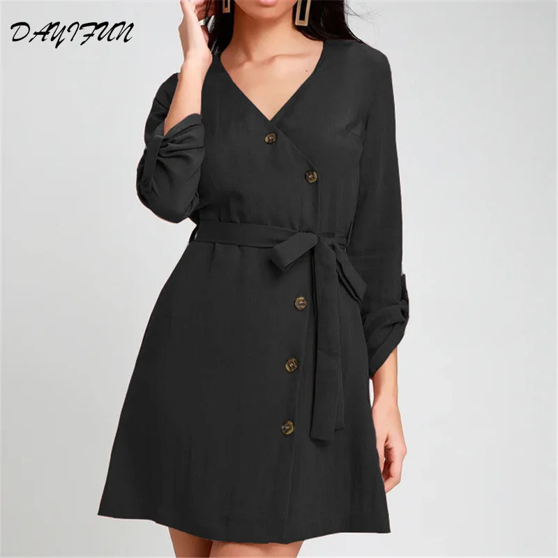 

DAYIFUN New Spring V-neck Long Sleeve Mini Dress Women Button Solid Chiffon Dress Casual Summer Beach Dresses Belt 7473