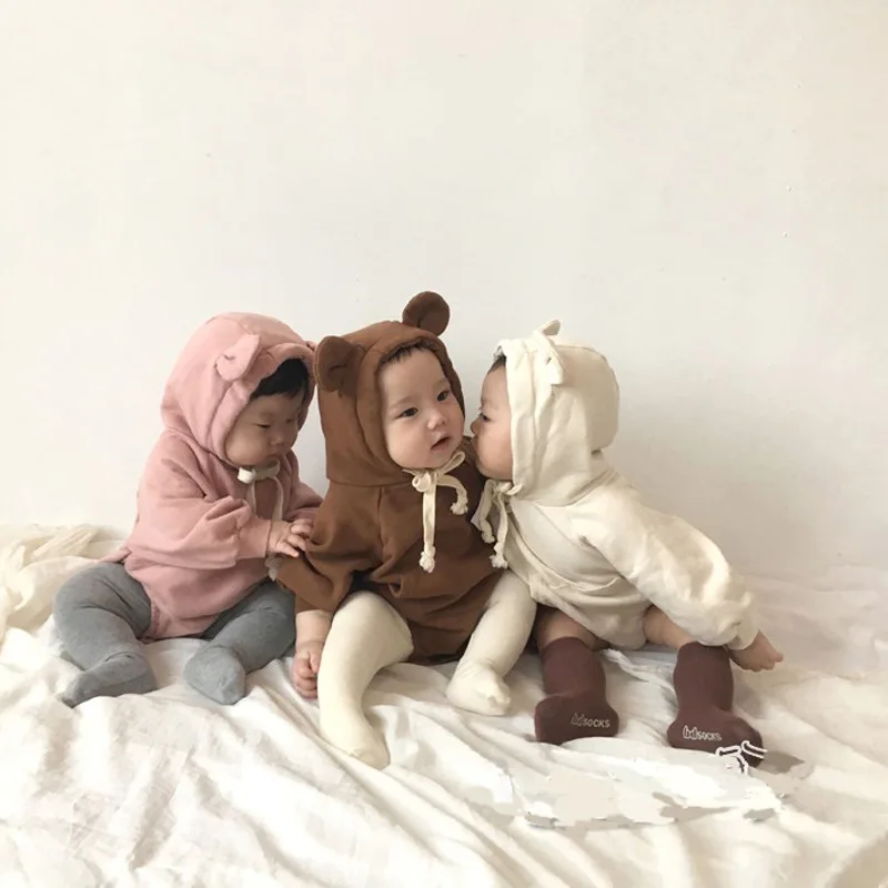 Зимняя бархатная одежда с милыми медвежьими ушками для малышей Одежда для маленьких мальчиков детское розовое боди Теплые Детские боди