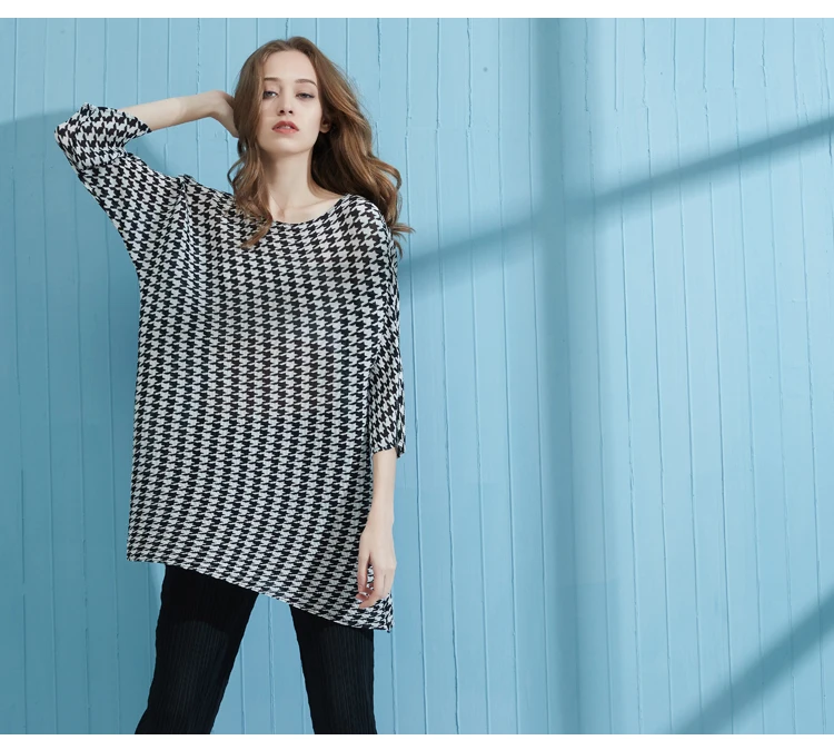 Лидер продаж, Miyake Houndstooth, модная длинная футболка с рукавом три четверти