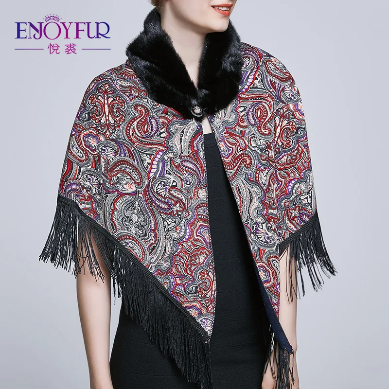 

ENJOYFUR Winter women shawls with mink fur collar Russian print warm thick fleece lining scarf female luxury mink fur hats