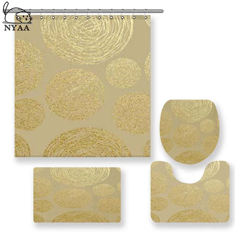 

NYAA 4 Pcs Gold Texture Shower Curtain Pedestal Rug Lid Toilet Cover Mat Bath Mat Set For Bathroom Decor