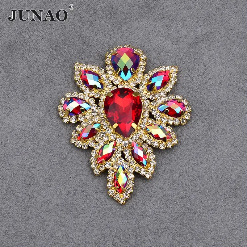 

JUNAO 45*59mm Red AB Glass Crystals Sewing Flowers Rhinestones Sew On Strass Appliques Flatback Claw Crystal Stones For Dress