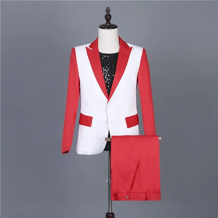 Red-White Stitching Blazers Set One Button Slim Fit Tuxedo Suit Men's Wedding Groomsmen Dress Singer Group Performance Costumes