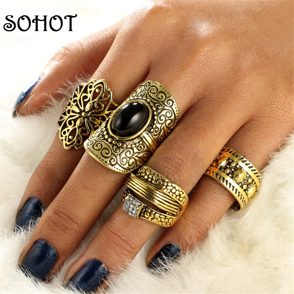 SOHOT Antique Gold Big Knuckle Ring Hollow Flower Black Imitation stone Imitation Crystal Lucky