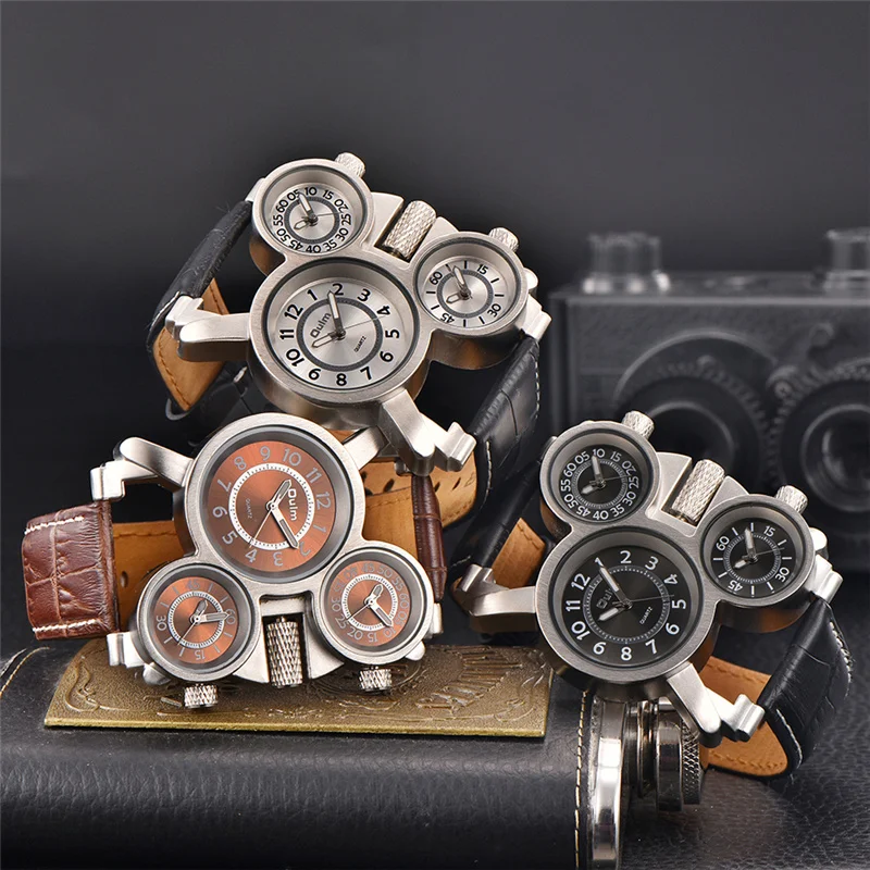 Oulm часы модель 1167 мужские наручные часы повседневные с кожаным сетчатым стальным ремешком кварцевые часы с тремя часовыми поясами спортивные мужские часы