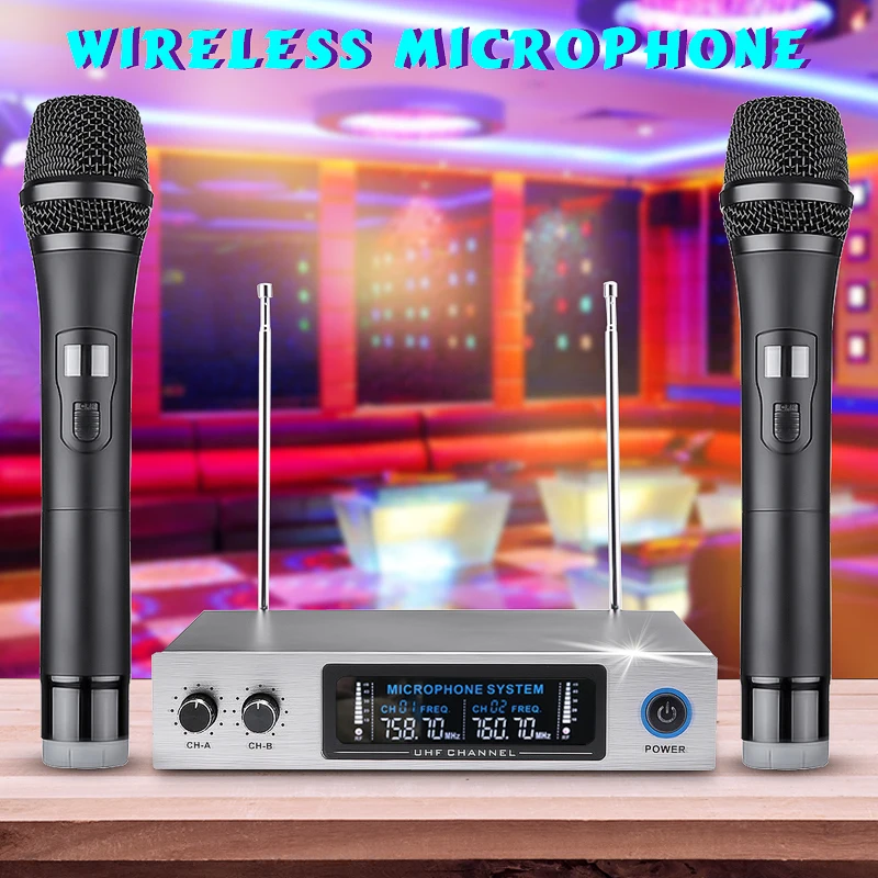 

Wireless Microphone System With 2 Metal handhled Bluetooth Microphone UHF Frequency kit for home party, performance
