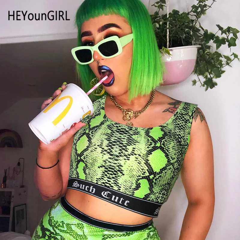 HEYounGIRL Snake Print Sleeveless Tank Top Women Fitness Workout Neon Green Crop Top Casual Vest Summer Tops Tees Streetwear