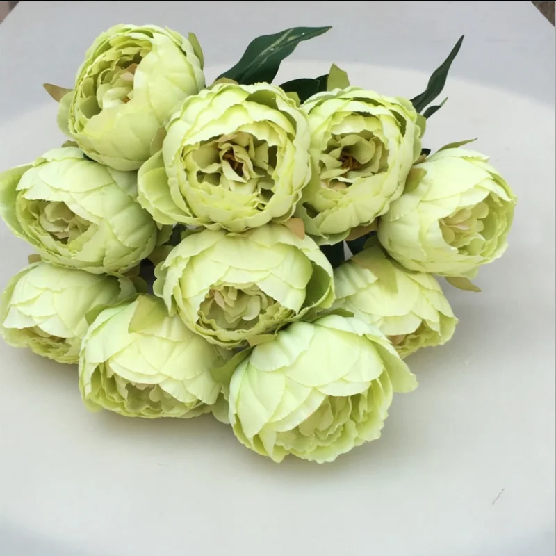 10 голов/Букет) Искусственный Пион Букет для Свадьбы вечерние украшения для дома европейские винтажные шелковые цветы с большими головками - Цвет: Green